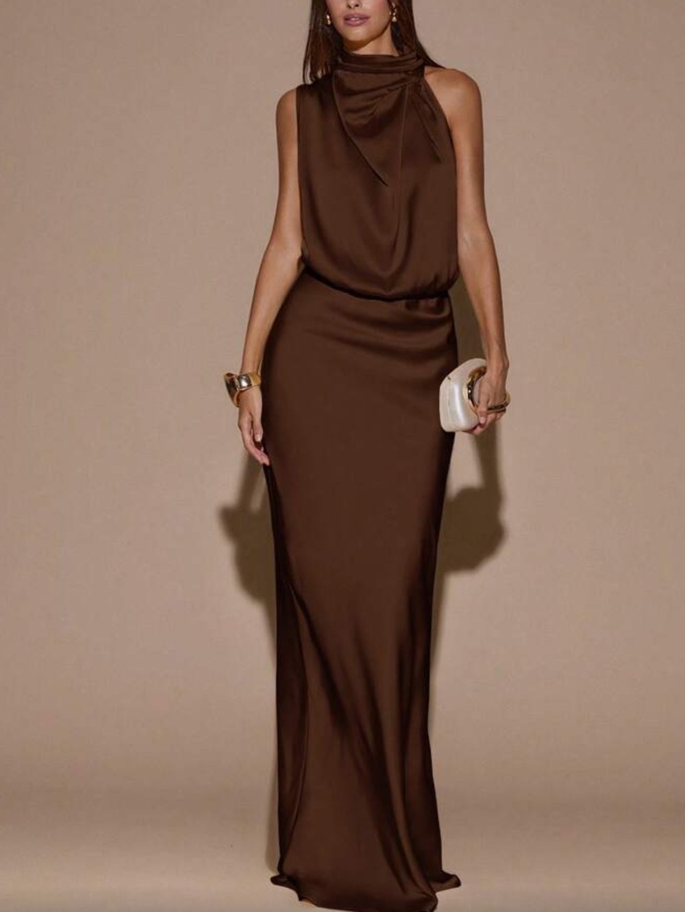 Elegant Satin Halter Evening Dress in Brown